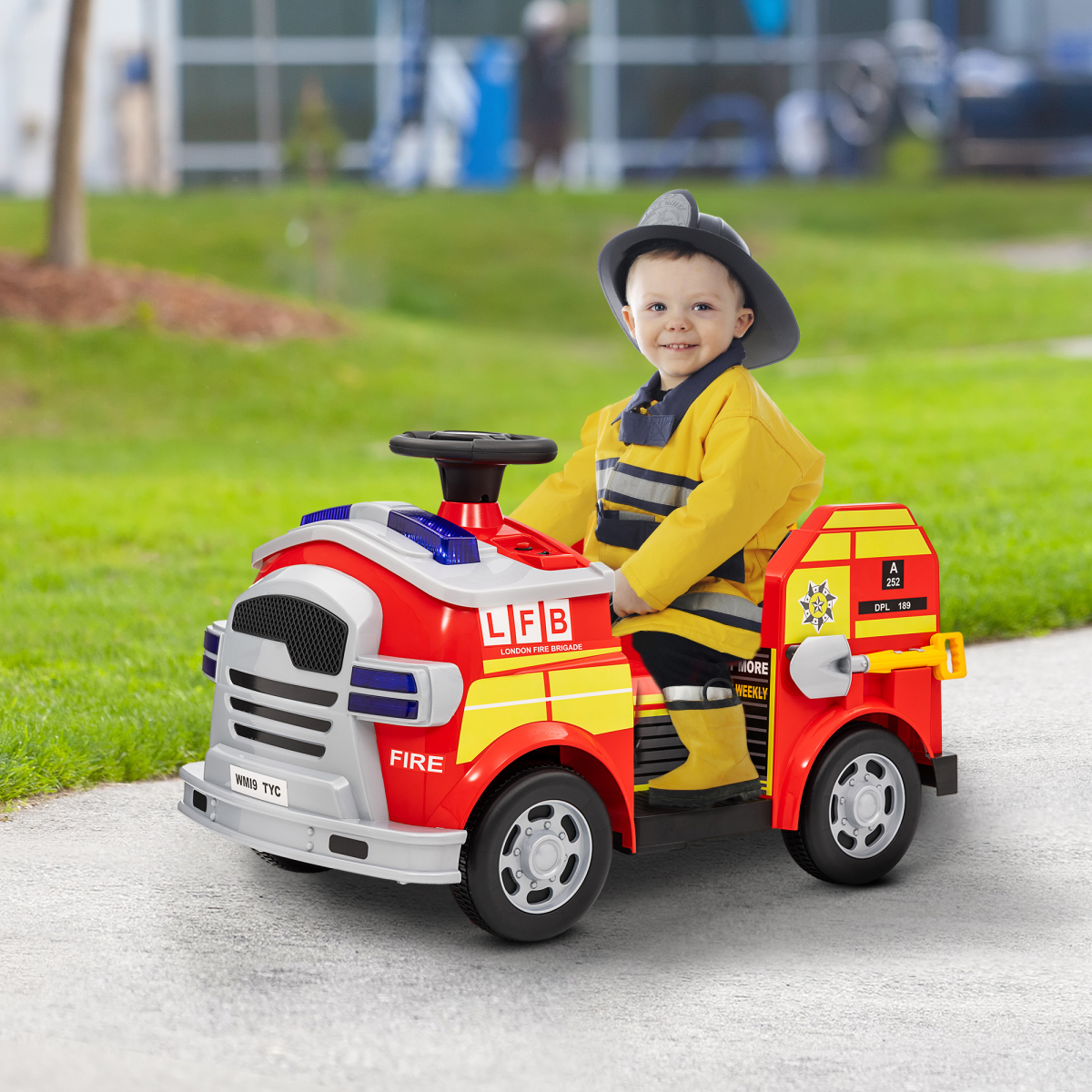 AIYAPLAY 12V Ride-On Fire Engine with Siren & Flashing Lights