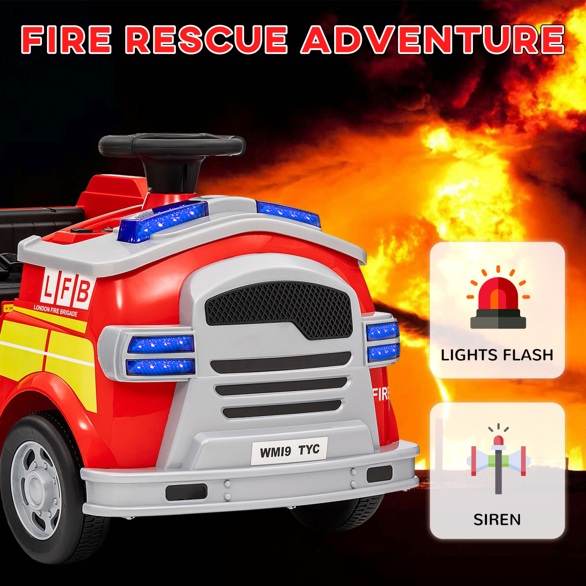 AIYAPLAY 12V Ride-On Fire Engine with Siren & Flashing Lights