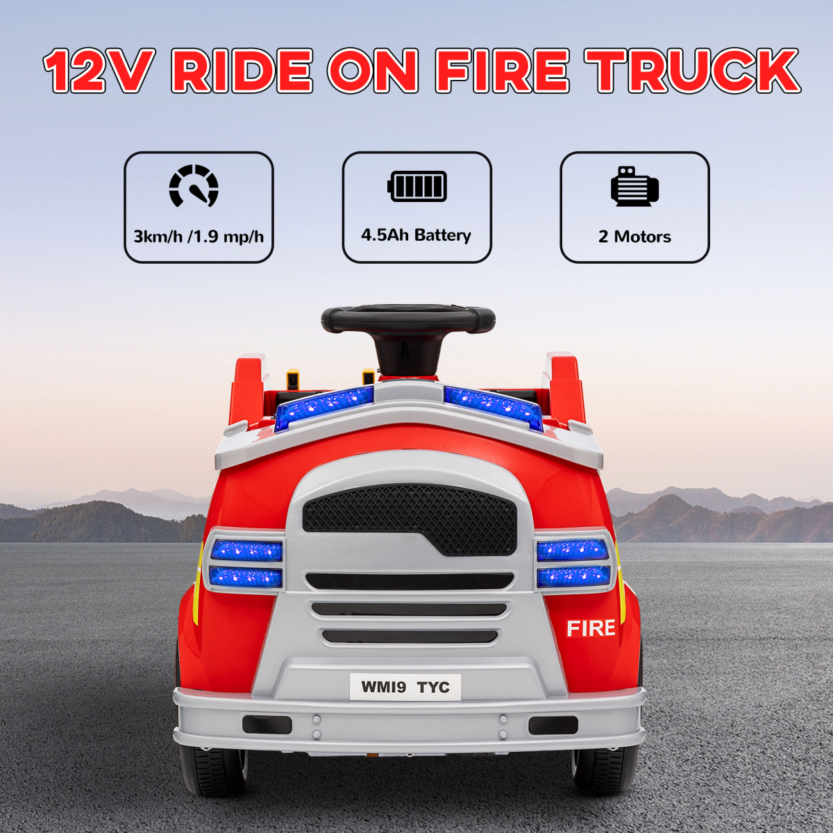 AIYAPLAY 12V Ride-On Fire Engine with Siren & Flashing Lights