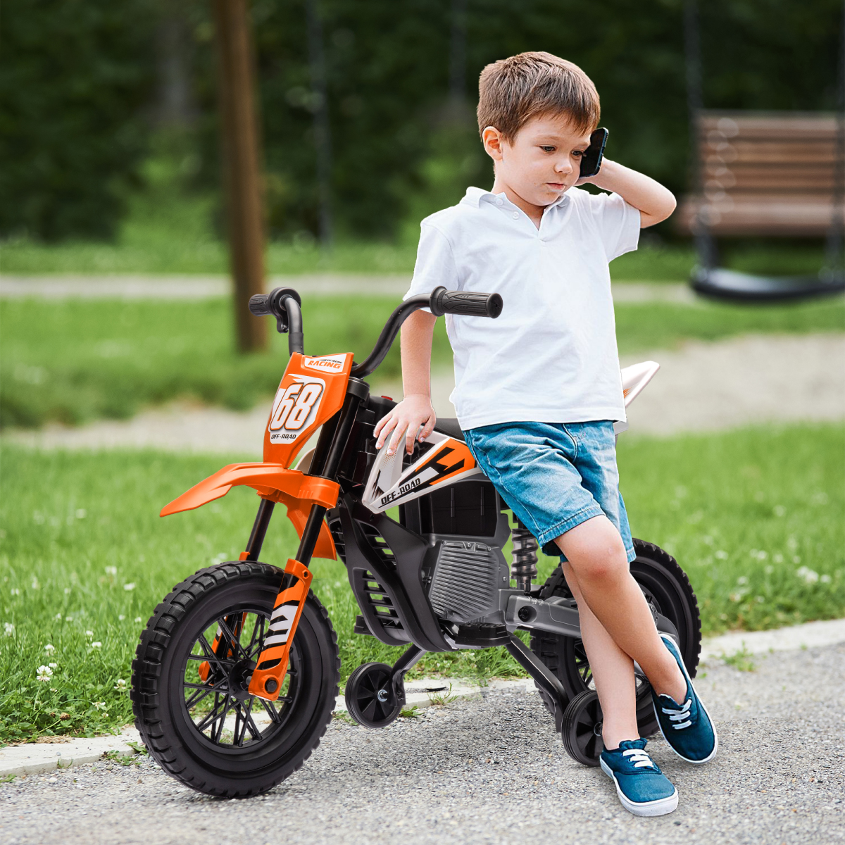 AIYAPLAY 12V Kids Electric Motorbike with Twist Grip, Music & Training Wheels
