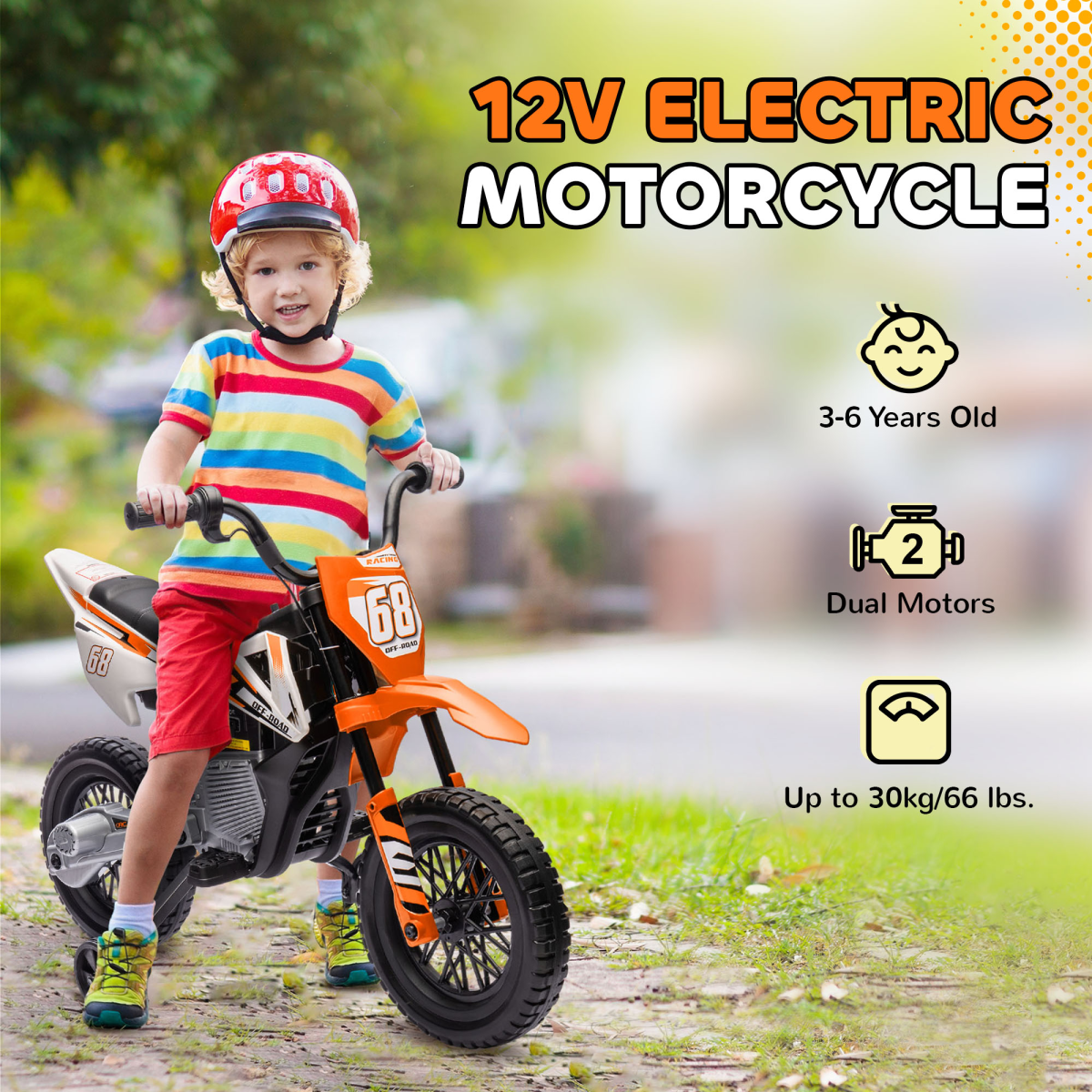 AIYAPLAY 12V Kids Electric Motorbike with Twist Grip, Music & Training Wheels