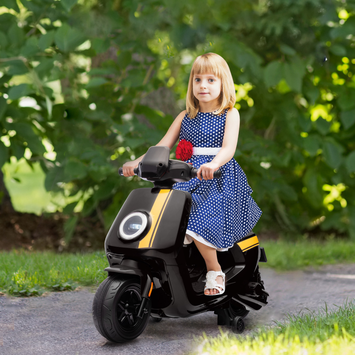 AIYAPLAY 6V Kids Electric Motorbike with Headlights, Music & Training Wheels