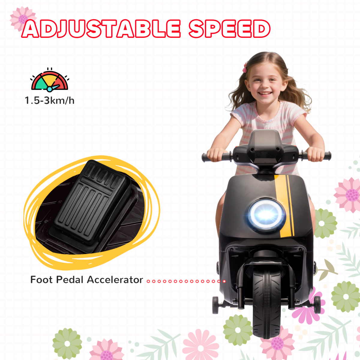 AIYAPLAY 6V Kids Electric Motorbike with Headlights, Music & Training Wheels