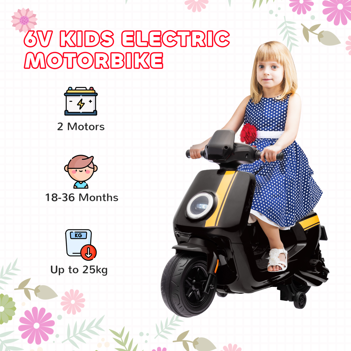 AIYAPLAY 6V Kids Electric Motorbike with Headlights, Music & Training Wheels
